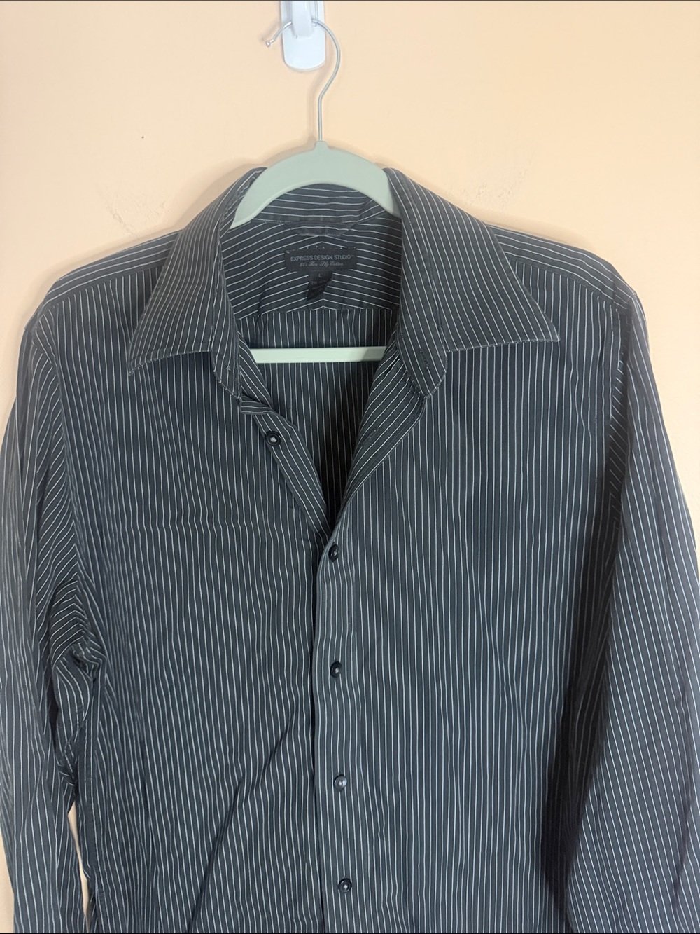 Express Men's Black Dress Shirt with White Pinstripes